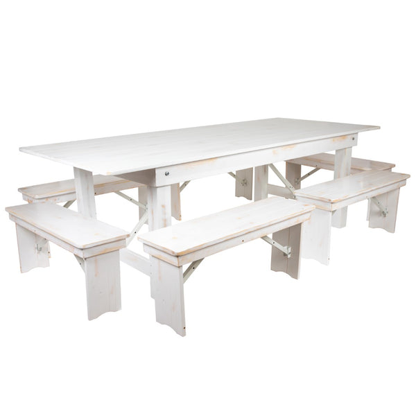 English Elm Commercial Grade Series 8' x 40" Folding Farm Table and Six Bench Set