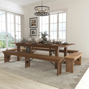 English Elm Commercial Grade Series 8' x 40'' Folding Farm Table and Four Bench Set