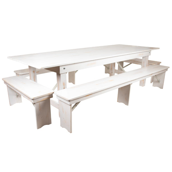 English Elm Commercial Grade Series 9' x 40" Folding Farm Table and Four Bench Set