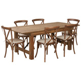 English Elm Commercial Grade Series 7' x 40'' Folding Farm Table Set with 6 Cross Back Chairs and Cushions