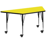 English Elm Commercial Grade Mobile 22.5''W x 45''L Trapezoid HP Laminate Activity Table - Height Adjustable Short Legs