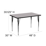 English Elm Commercial Grade 30''W x 48''L Rectangular Grey Thermal Laminate Activity Table - Standard Height Adjustable Legs