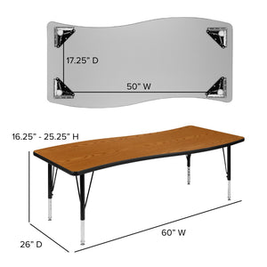 English Elm Commercial Grade 26"W x 60"L Rectangular Wave Flexible Collaborative Thermal Laminate Activity Table - Height Adjustable Short Legs