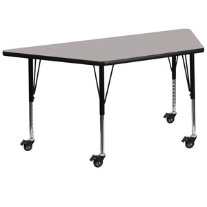 English Elm Commercial Grade Mobile 29''W x 57''L Trapezoid Grey HP Laminate Activity Table - Height Adjustable Short Legs