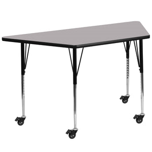 English Elm Commercial Grade Mobile 29''W x 57''L Trapezoid Grey Thermal Laminate Activity Table - Standard Height Adjustable Legs