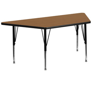 English Elm Commercial Grade 29''W x 57''L Trapezoid Thermal Laminate Activity Table - Height Adjustable Short Legs