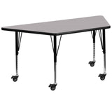 English Elm Commercial Grade Mobile 29''W x 57''L Trapezoid Grey Thermal Laminate Activity Table - Height Adjustable Short Legs