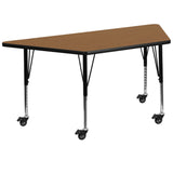 English Elm Commercial Grade Mobile 29''W x 57''L Trapezoid Thermal Laminate Activity Table - Height Adjustable Short Legs