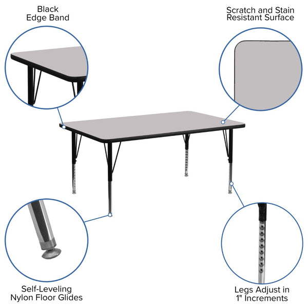 English Elm Commercial Grade 30''W x 72''L Rectangular Grey Thermal Laminate Activity Table - Height Adjustable Short Legs