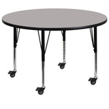 Commercial Grade Mobile 42'' Round Grey HP Laminate Activity Table - Height Adjustable Short Legs