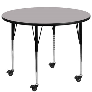 English Elm Commercial Grade Mobile 42'' Round Grey Thermal Laminate Activity Table - Standard Height Adjustable Legs