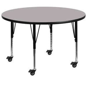 English Elm Commercial Grade Mobile 42'' Round Grey Thermal Laminate Activity Table - Height Adjustable Short Legs