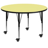 English Elm Commercial Grade Mobile 42'' Round Thermal Laminate Activity Table - Height Adjustable Short Legs