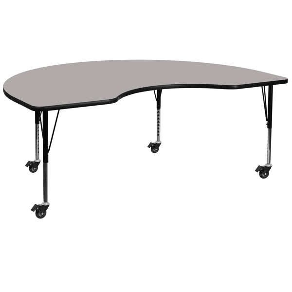 English Elm Commercial Grade Mobile 48''W x 72''L Kidney Grey HP Laminate Activity Table - Height Adjustable Short Legs