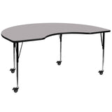 English Elm Commercial Grade Mobile 48''W x 72''L Kidney Grey Thermal Laminate Activity Table - Standard Height Adjustable Legs