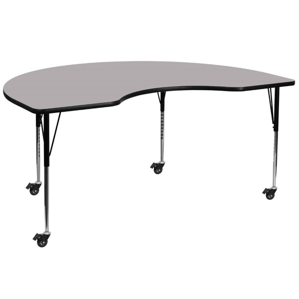 English Elm Commercial Grade Mobile 48''W x 96''L Kidney Grey Thermal Laminate Activity Table - Standard Height Adjustable Legs