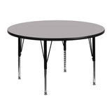 English Elm Commercial Grade 48'' Round Grey Thermal Laminate Activity Table - Height Adjustable Short Legs