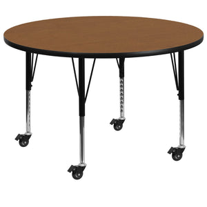 English Elm Commercial Grade Mobile 48'' Round Thermal Laminate Activity Table - Height Adjustable Short Legs