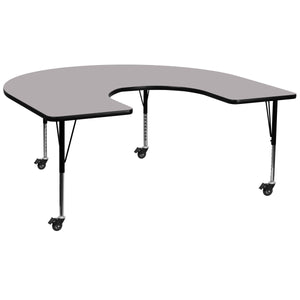 English Elm Commercial Grade Mobile 60''W x 66''L Horseshoe Grey Thermal Laminate Activity Table - Height Adjustable Short Legs