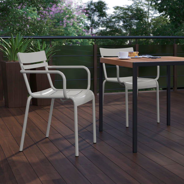 English Elm Commercial Grade Commercial Grade Steel Indoor-Outdoor Stackable Chair with 2 Slats and Arms