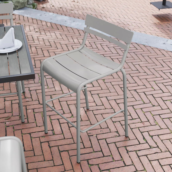 English Elm Commercial Grade Commercial Grade Metal Indoor-Outdoor Bar Height Stool with 2 Slats