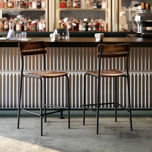 English Elm Commercial Grade Commercial Grade Solid Wood Bar Stool with Black Metal Frame and Finish