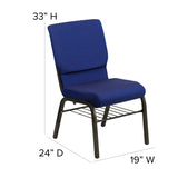 English Elm Commercial Grade Series 18.5''W Church Chair in Navy Patterned Fabric with Book Rack - Gold Vein Frame