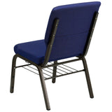 English Elm Commercial Grade Series 18.5''W Church Chair in Navy Patterned Fabric with Book Rack - Gold Vein Frame