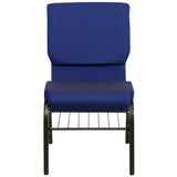 English Elm Commercial Grade Series 18.5''W Church Chair in Navy Patterned Fabric with Book Rack - Gold Vein Frame