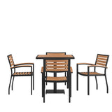 English Elm Commercial Grade Indoor/Outdoor 5 Piece Patio Dining Table Set - 30" Square Faux Table & 4 Stacking Club Chairs with Accented Arms