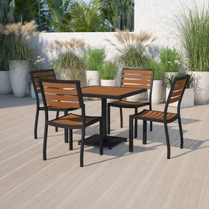 English Elm Commercial Grade Outdoor Patio Bistro Dining Table Set with 4 Chairs and Faux Poly Slats