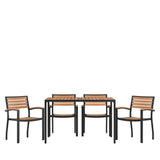 English Elm Commercial Grade 5 Piece Outdoor Dining Table Set - Synthetic Poly Slats - 30" x 48" Steel Framed Table with Umbrella Hole-4 Club Chairs