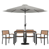 English Elm Commercial Grade 7 Piece Outdoor Patio Dining Table Set with 4 Synthetic Teak Stackable Chairs, 30" x 48" Table, Umbrella & Base