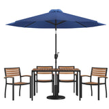 English Elm Commercial Grade 7 Piece Outdoor Patio Dining Table Set with 4 Synthetic Teak Stackable Chairs, 30" x 48" Table, Umbrella & Base