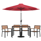 English Elm Commercial Grade 7 Piece Outdoor Patio Dining Table Set with 4 Synthetic Teak Stackable Chairs, 30" x 48" Table, Umbrella & Base