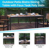 English Elm Commercial Grade 7 Piece Outdoor Patio Dining Table Set with 4 Synthetic Teak Stackable Chairs, 30" x 48" Table, Umbrella & Base