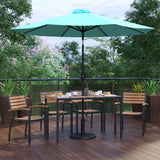 English Elm Commercial Grade 7 Piece Outdoor Patio Dining Table Set with 4 Synthetic Teak Stackable Chairs, 30" x 48" Table, Umbrella & Base