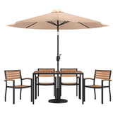 English Elm Commercial Grade 7 Piece Outdoor Patio Dining Table Set with 4 Synthetic Teak Stackable Chairs, 30" x 48" Table, Umbrella & Base