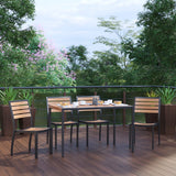 English Elm Commercial Grade 5 Piece Patio Table Set - Synthetic Poly Slats - 30" x 48" Steel Framed Table with 4 Stackable Faux Chairs