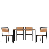 English Elm Commercial Grade 5 Piece Patio Table Set - Synthetic Poly Slats - 30" x 48" Steel Framed Table with 4 Stackable Faux Chairs