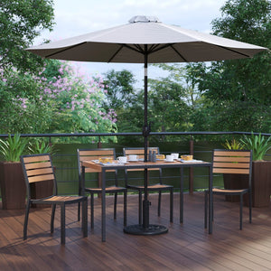 English Elm Commercial Grade 7 Piece All-Weather Deck or Patio Set - 4 Stacking Faux Teak Chairs, 30" x 48" Faux Teak Table, Umbrella & Base