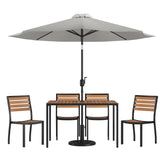 English Elm Commercial Grade 7 Piece All-Weather Deck or Patio Set - 4 Stacking Faux Teak Chairs, 30" x 48" Faux Teak Table, Umbrella & Base