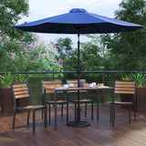 English Elm Commercial Grade 7 Piece All-Weather Deck or Patio Set - 4 Stacking Faux Teak Chairs, 30" x 48" Faux Teak Table, Umbrella & Base