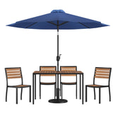 English Elm Commercial Grade 7 Piece All-Weather Deck or Patio Set - 4 Stacking Faux Teak Chairs, 30" x 48" Faux Teak Table, Umbrella & Base