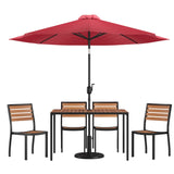 English Elm Commercial Grade 7 Piece All-Weather Deck or Patio Set - 4 Stacking Faux Teak Chairs, 30" x 48" Faux Teak Table, Umbrella & Base