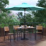 English Elm Commercial Grade 7 Piece All-Weather Deck or Patio Set - 4 Stacking Faux Teak Chairs, 30" x 48" Faux Teak Table, Umbrella & Base