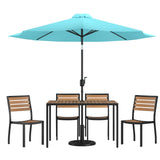 English Elm Commercial Grade 7 Piece All-Weather Deck or Patio Set - 4 Stacking Faux Teak Chairs, 30" x 48" Faux Teak Table, Umbrella & Base