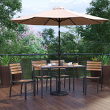 English Elm Commercial Grade 7 Piece All-Weather Deck or Patio Set - 4 Stacking Faux Teak Chairs, 30" x 48" Faux Teak Table, Umbrella & Base