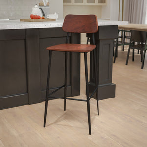 English Elm Commercial Grade Industrial Barstool with Gunmetal Steel Frame and Rustic Wood Seat