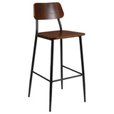 English Elm Commercial Grade Industrial Barstool with Gunmetal Steel Frame and Rustic Wood Seat